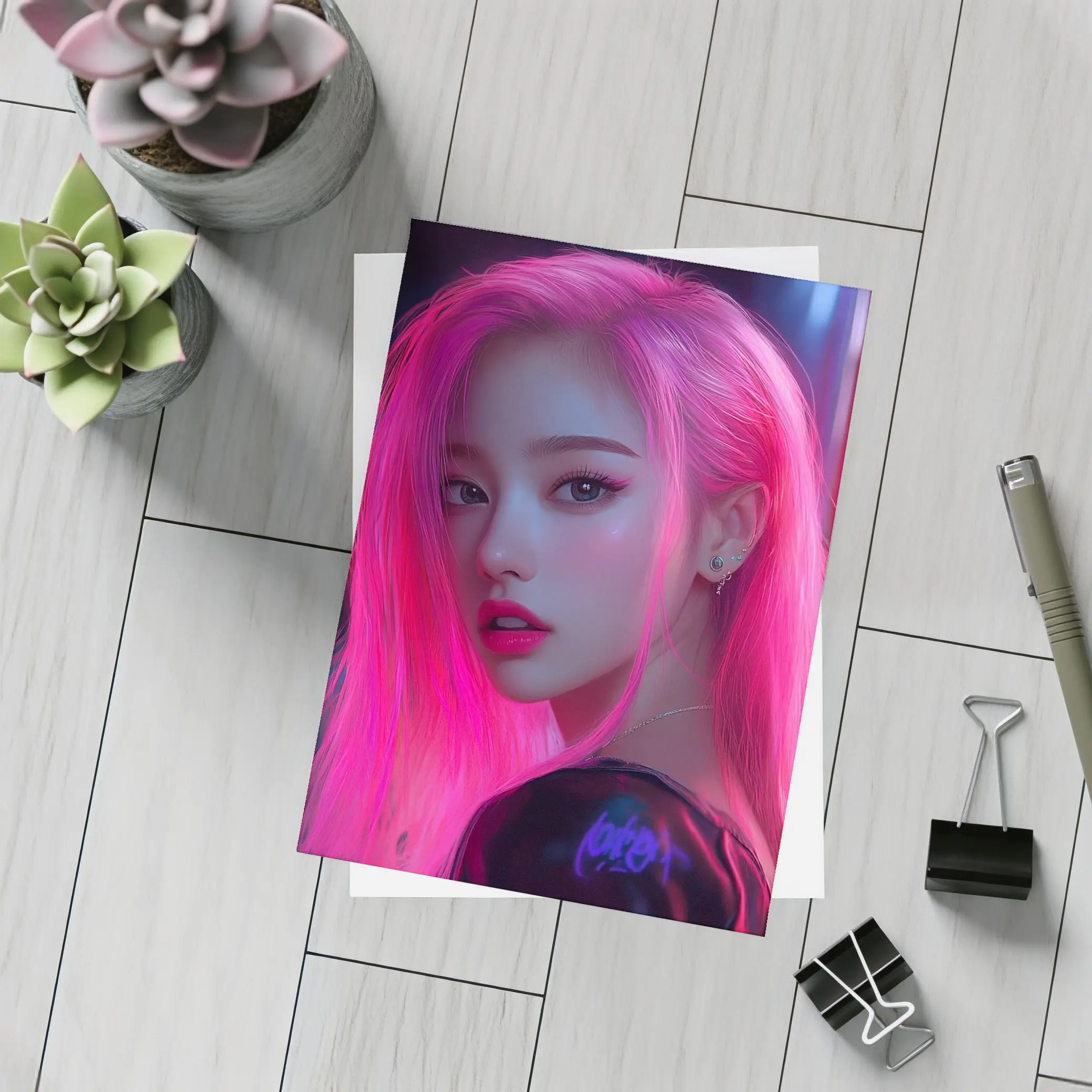 Pink Hair Girl Neon City Night Portrait – Postcards