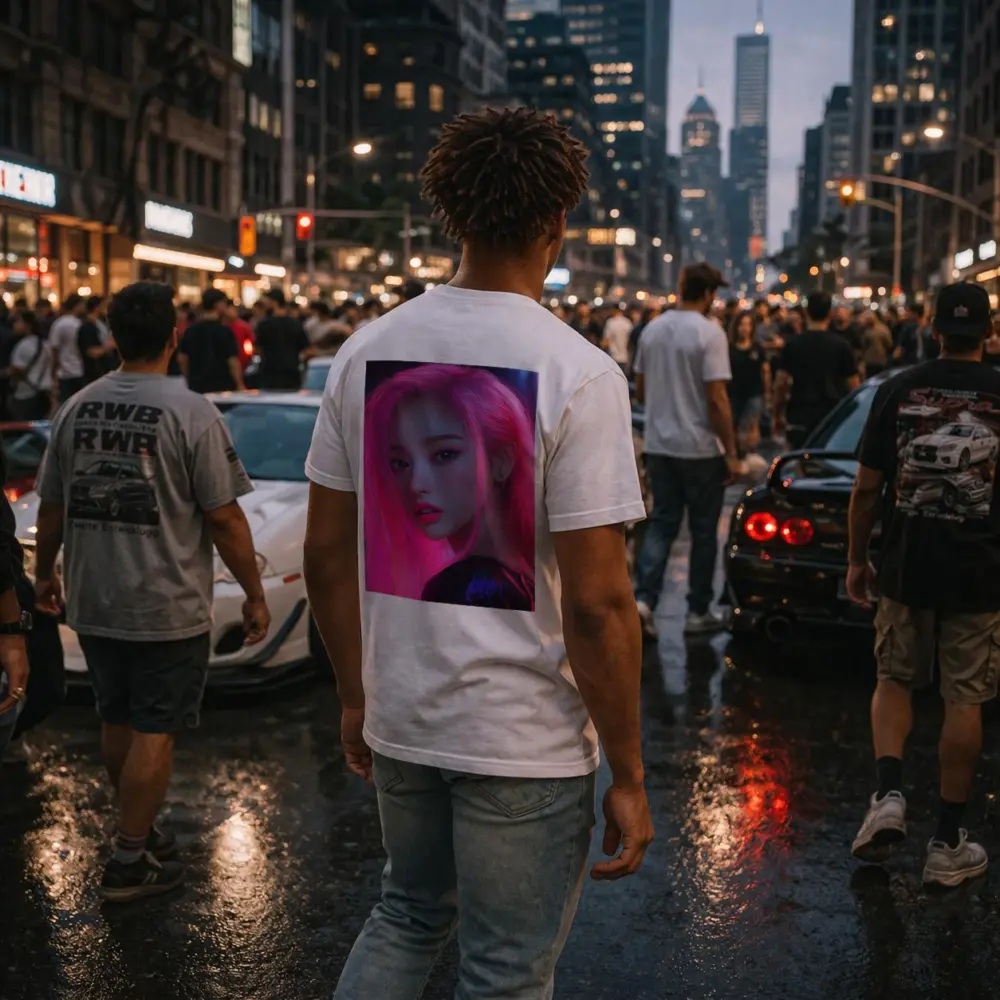 Pink Hair Girl Neon City Night Portrait – T-Shirts