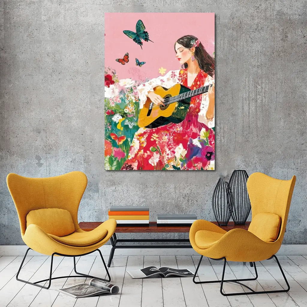 Woman Playing Guitar Floral Garden Butterflies – Wall Art