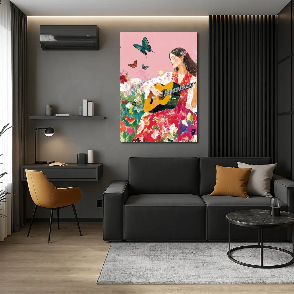 Woman Playing Guitar Floral Garden Butterflies – Wall Art