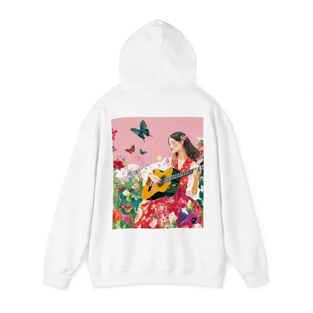 Woman Playing Guitar Floral Garden Butterflies – Hoodies