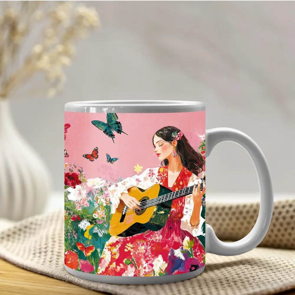 Woman Playing Guitar Floral Garden Butterflies – Mugs