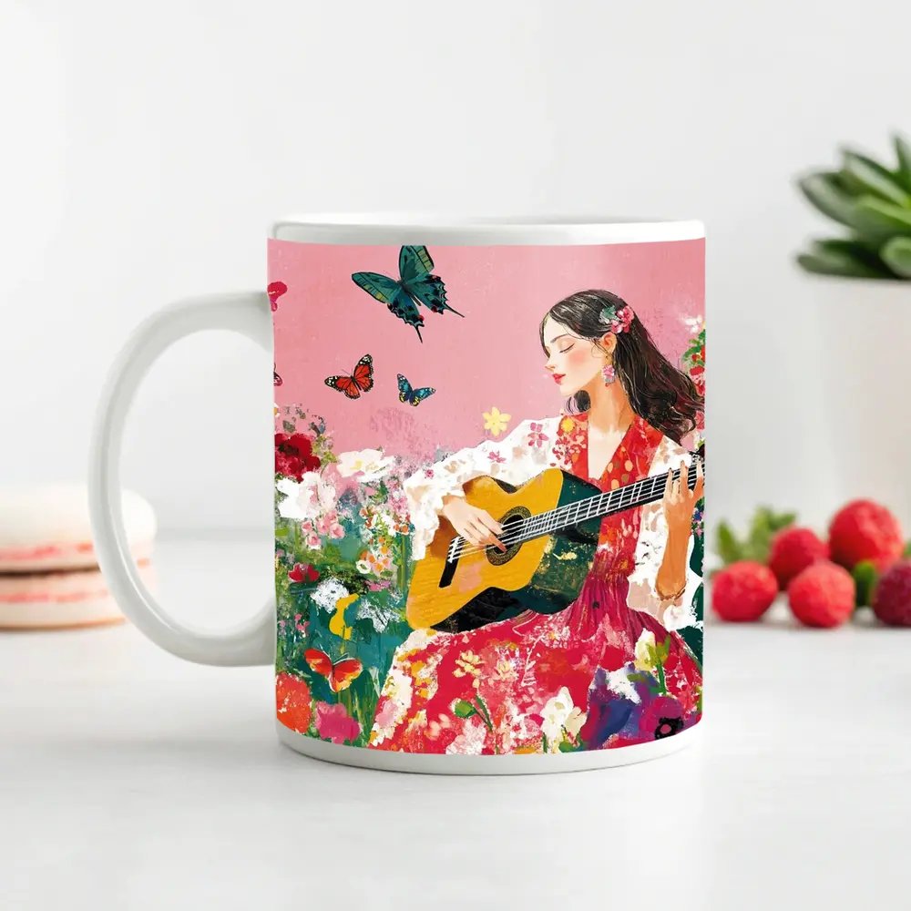 Woman Playing Guitar Floral Garden Butterflies – Mugs