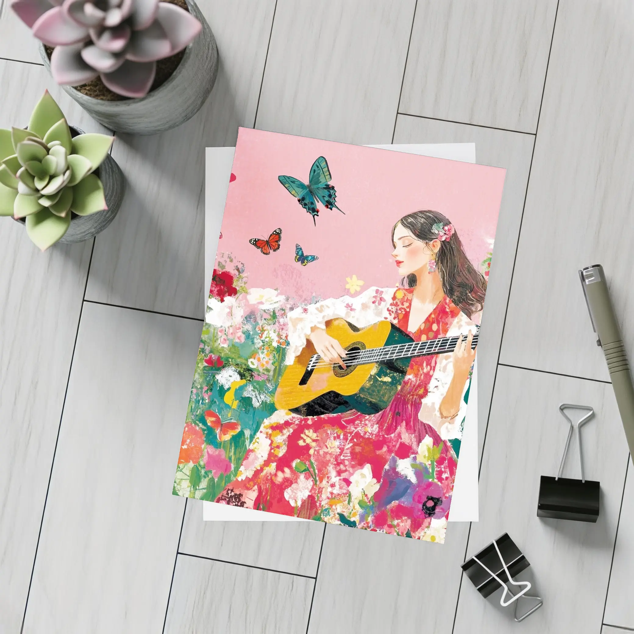 Woman Playing Guitar Floral Garden Butterflies – Postcards