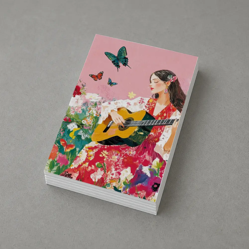 Woman Playing Guitar Floral Garden Butterflies – Postcards