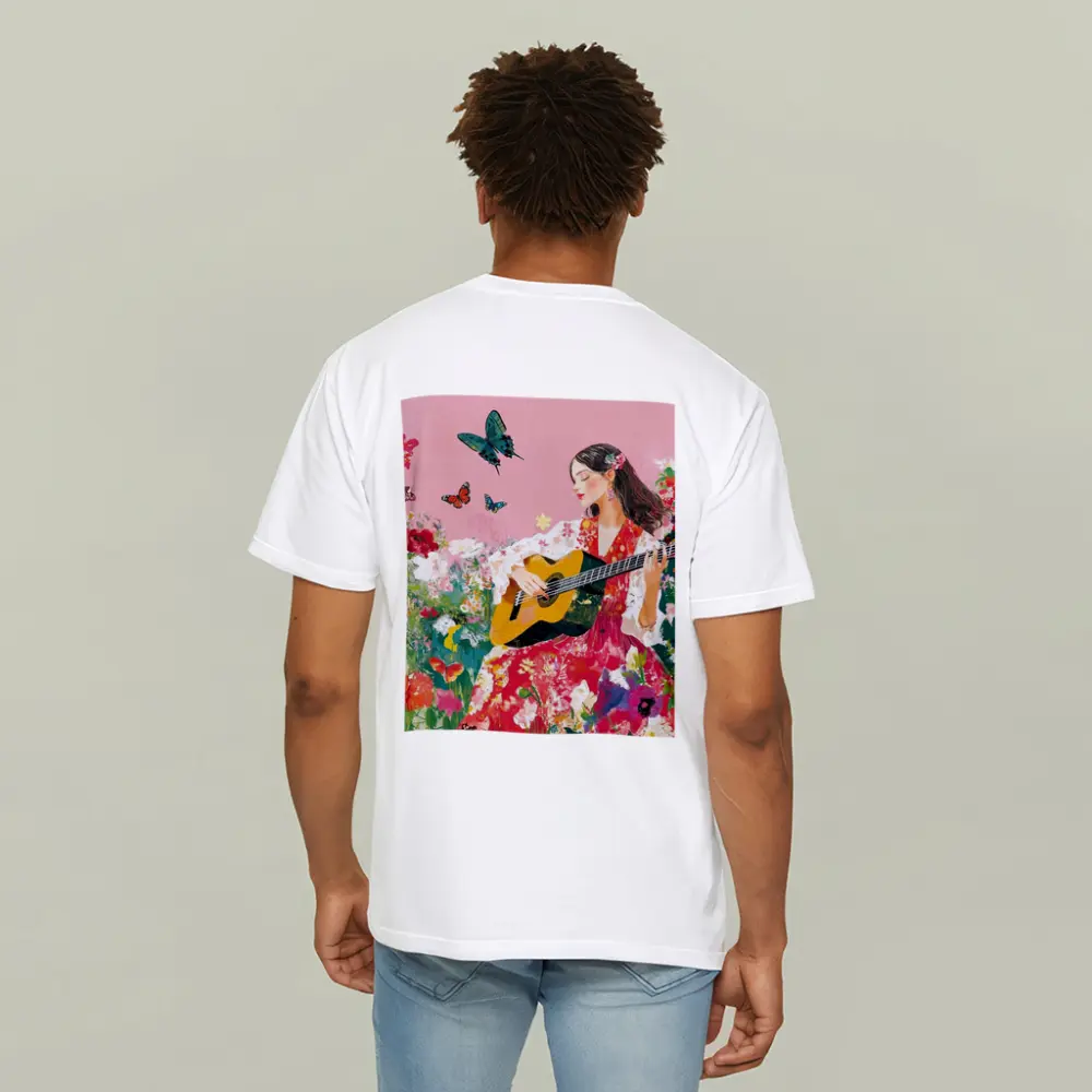 Woman Playing Guitar Floral Garden Butterflies – T-Shirts