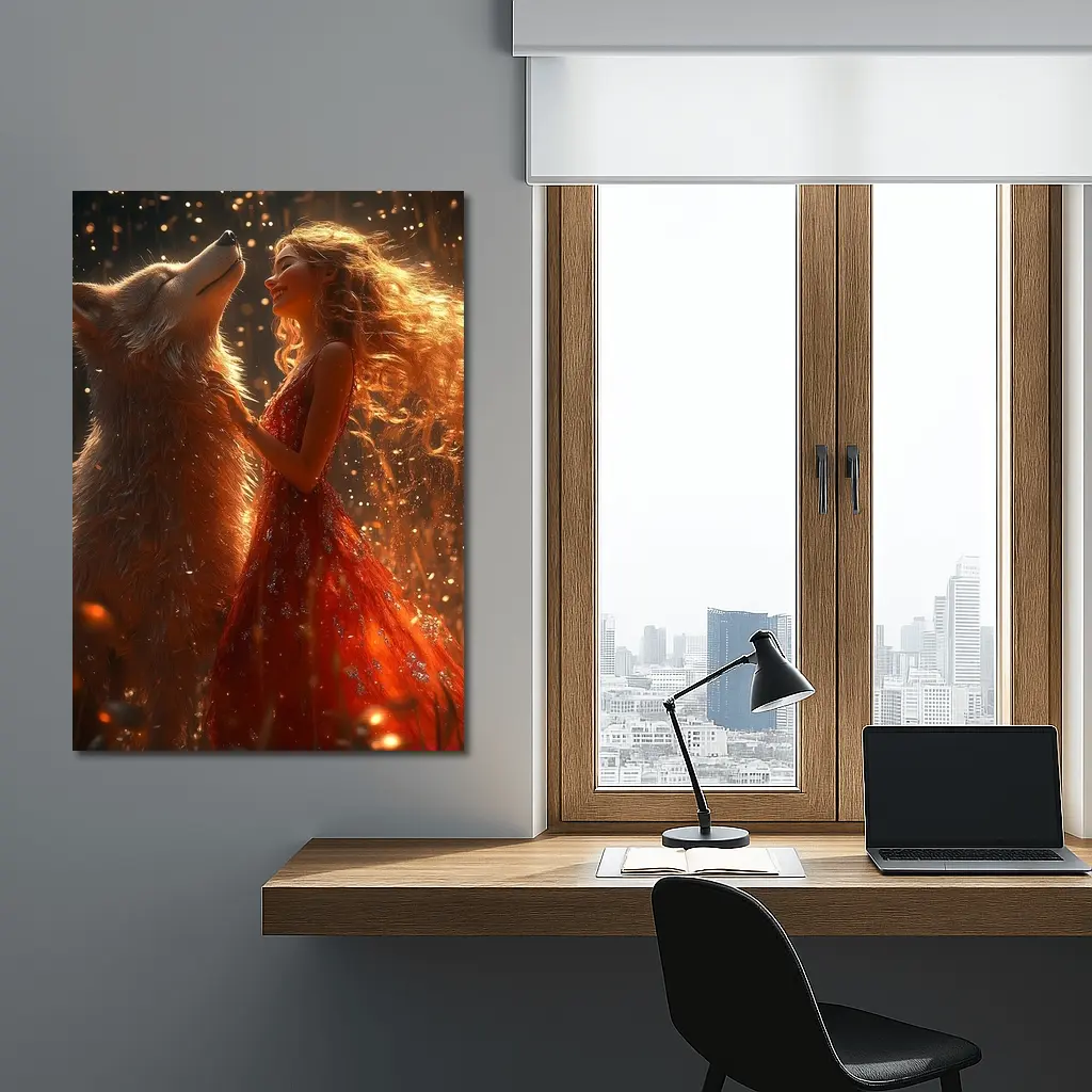 Woman in Red Dress Dancing with Wolf – Wall Art