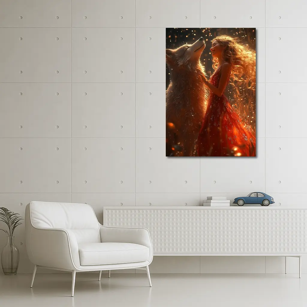 Woman in Red Dress Dancing with Wolf – Wall Art