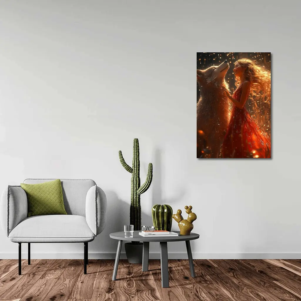 Woman in Red Dress Dancing with Wolf – Wall Art