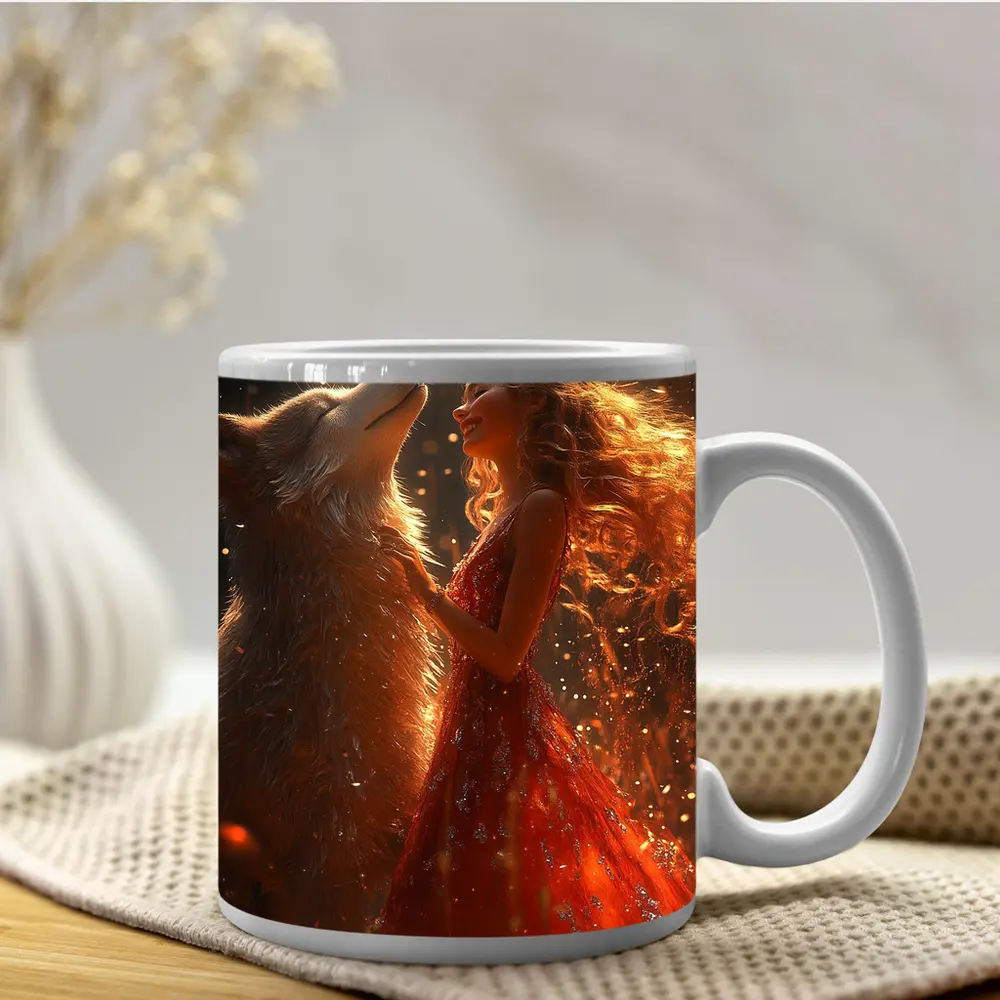 Woman in Red Dress Dancing with Wolf – Mugs