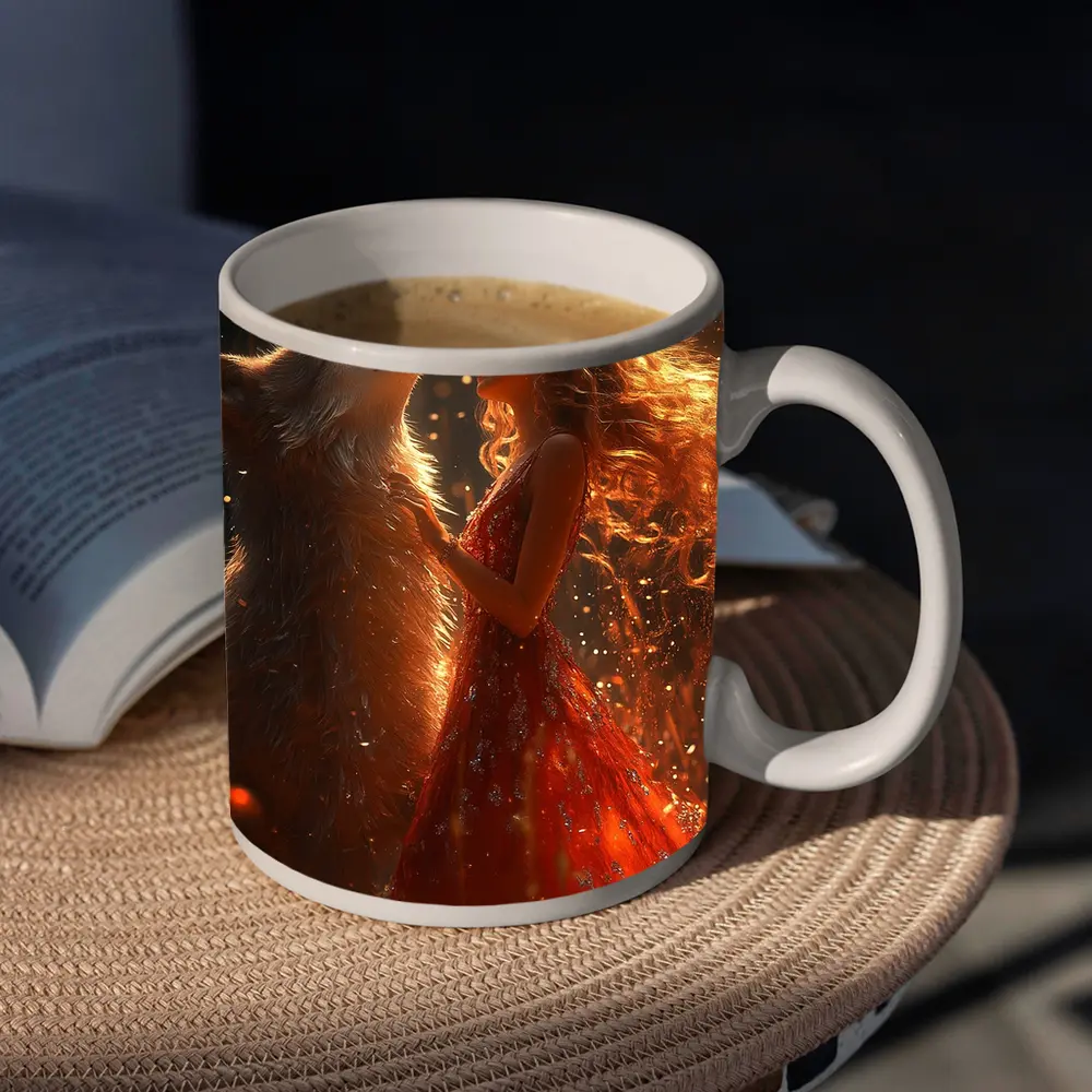 Woman in Red Dress Dancing with Wolf – Mugs