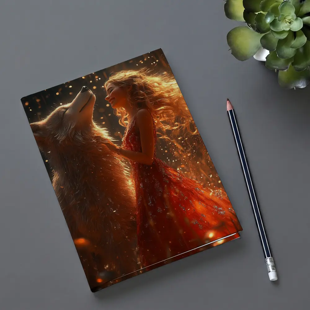 Woman in Red Dress Dancing with Wolf – Notebooks