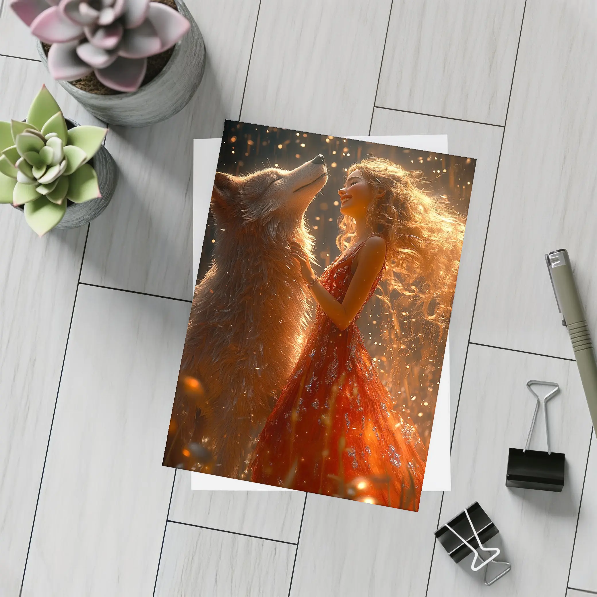 Woman in Red Dress Dancing with Wolf – Postcards