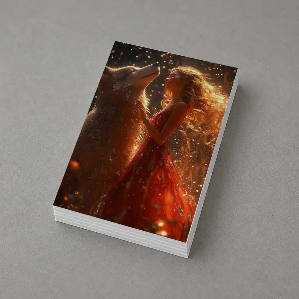 Woman in Red Dress Dancing with Wolf – Postcards