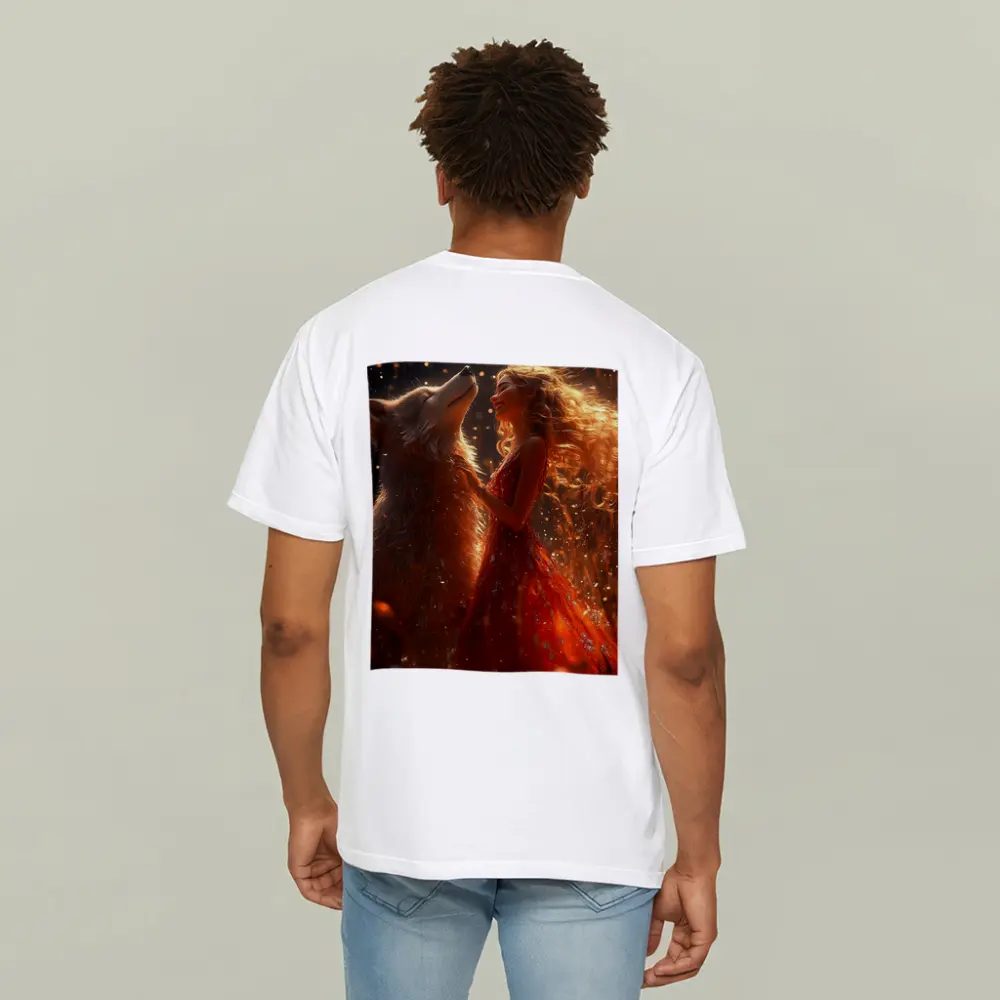 Woman in Red Dress Dancing with Wolf – T-Shirts