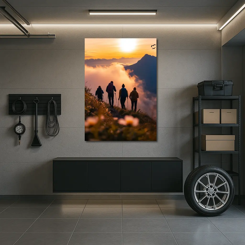 Hikers Walking Mountain Ridge At Golden Sunset – Wall Art