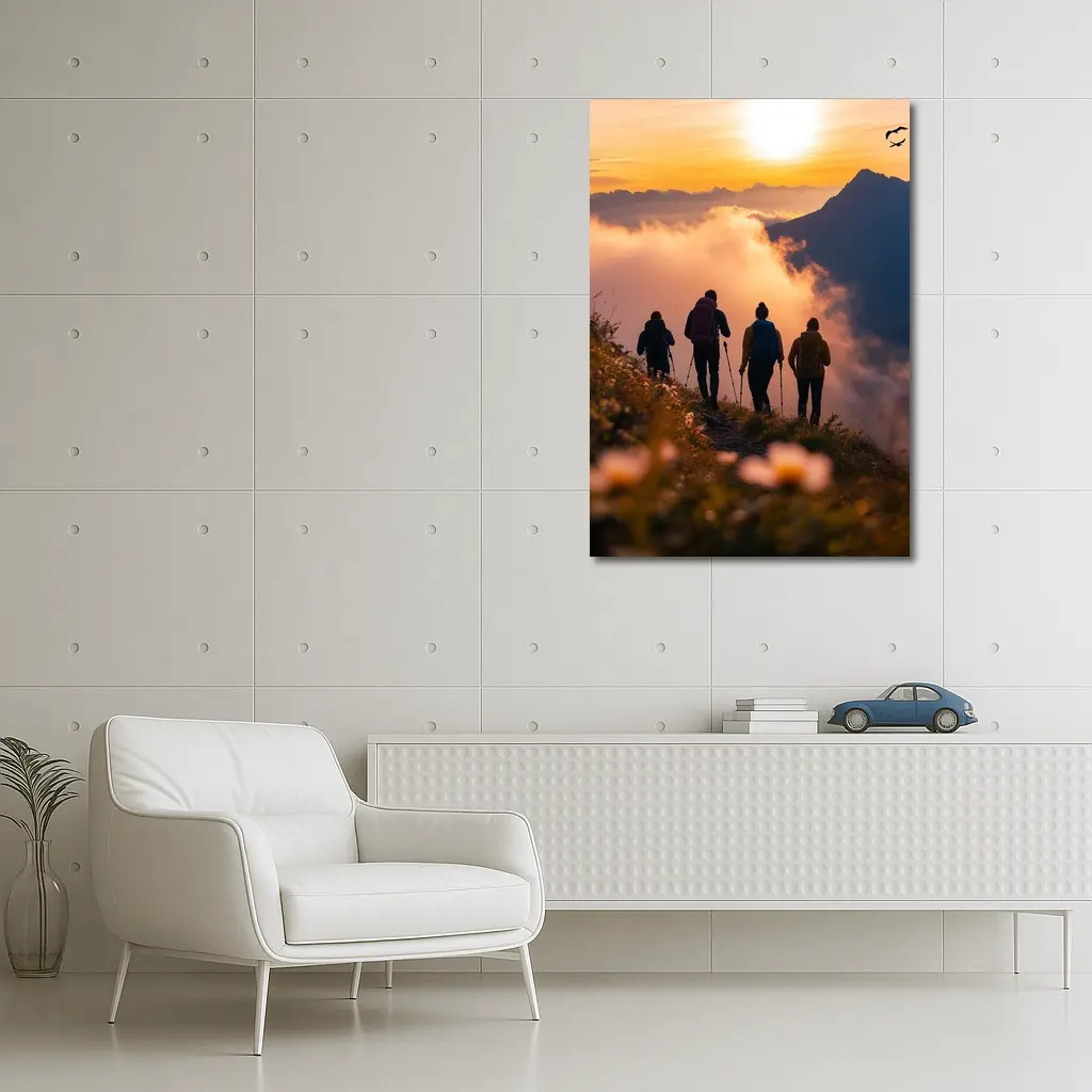 Hikers Walking Mountain Ridge At Golden Sunset – Wall Art