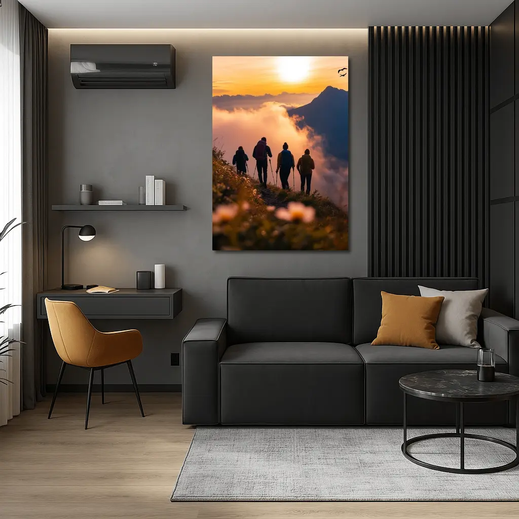 Hikers Walking Mountain Ridge At Golden Sunset – Wall Art