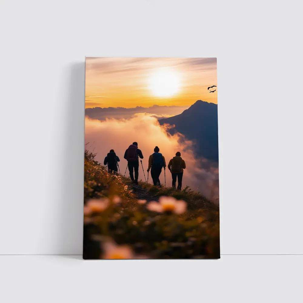 Hikers Walking Mountain Ridge At Golden Sunset – Wall Art