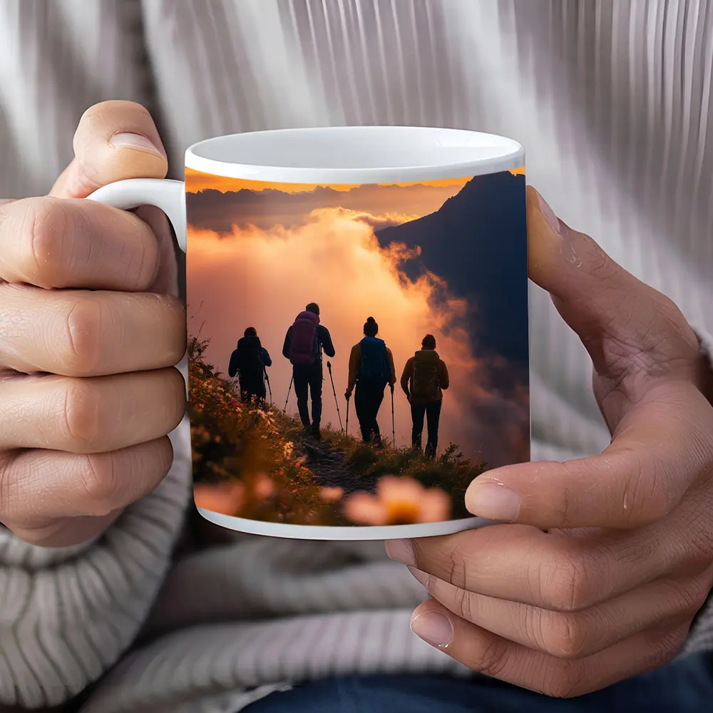 Hikers Walking Mountain Ridge At Golden Sunset – Mugs