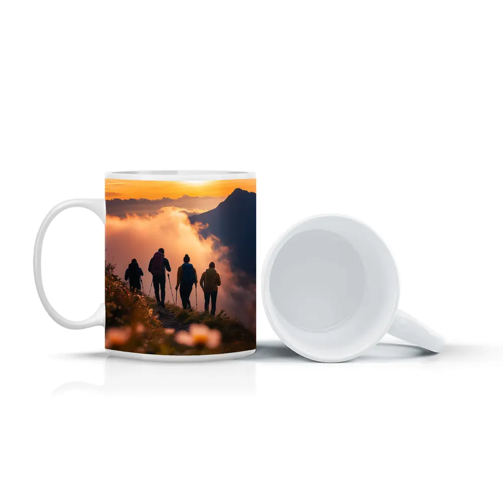 Hikers Walking Mountain Ridge At Golden Sunset – Mugs