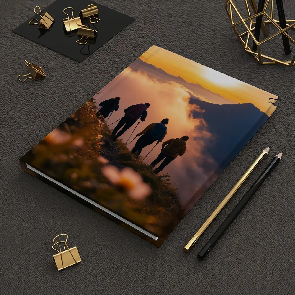 Hikers Walking Mountain Ridge At Golden Sunset – Notebooks