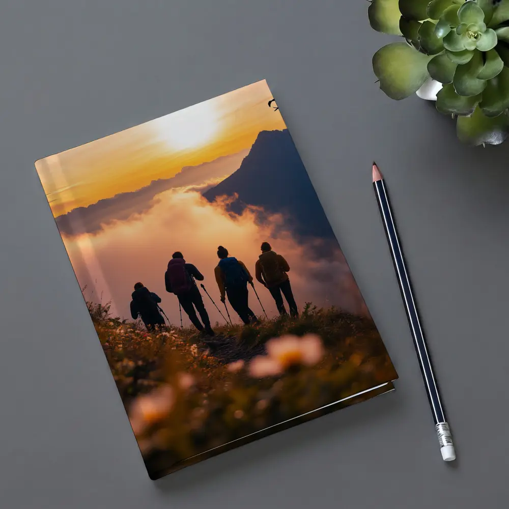Hikers Walking Mountain Ridge At Golden Sunset – Notebooks
