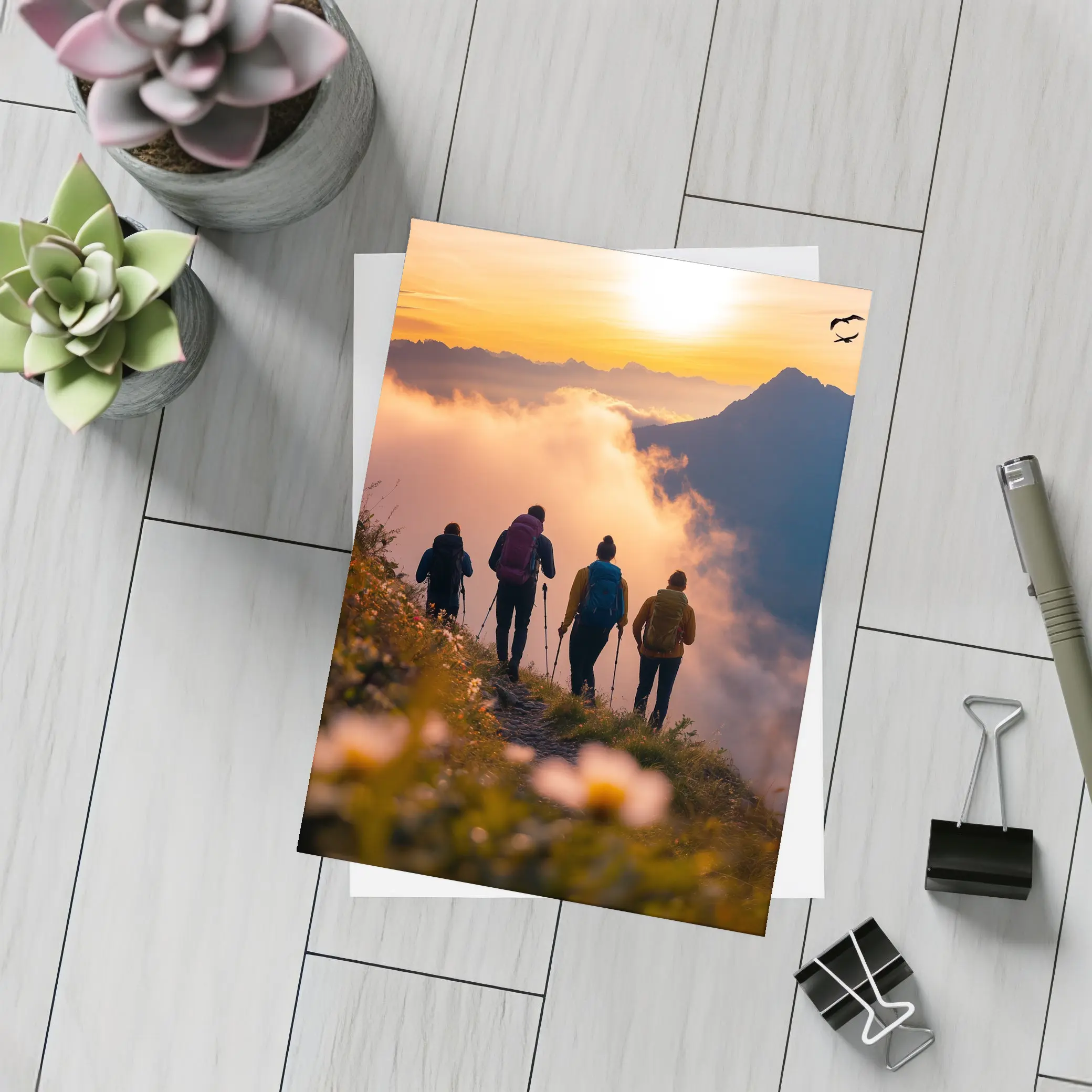 Hikers Walking Mountain Ridge At Golden Sunset – Postcards