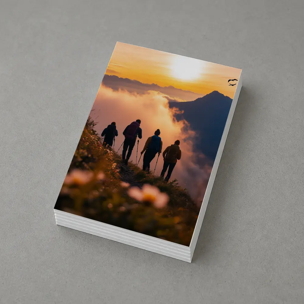 Hikers Walking Mountain Ridge At Golden Sunset – Postcards