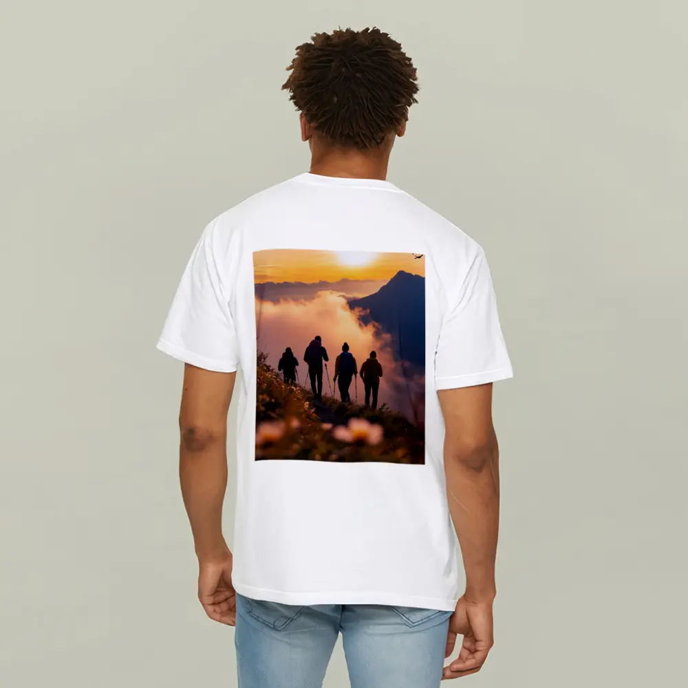 Hikers Walking Mountain Ridge At Golden Sunset – T-Shirts