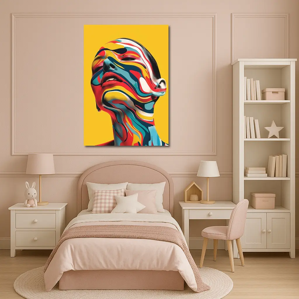 Abstract Woman Face Swirling Colors Yellow Background – Wall Art