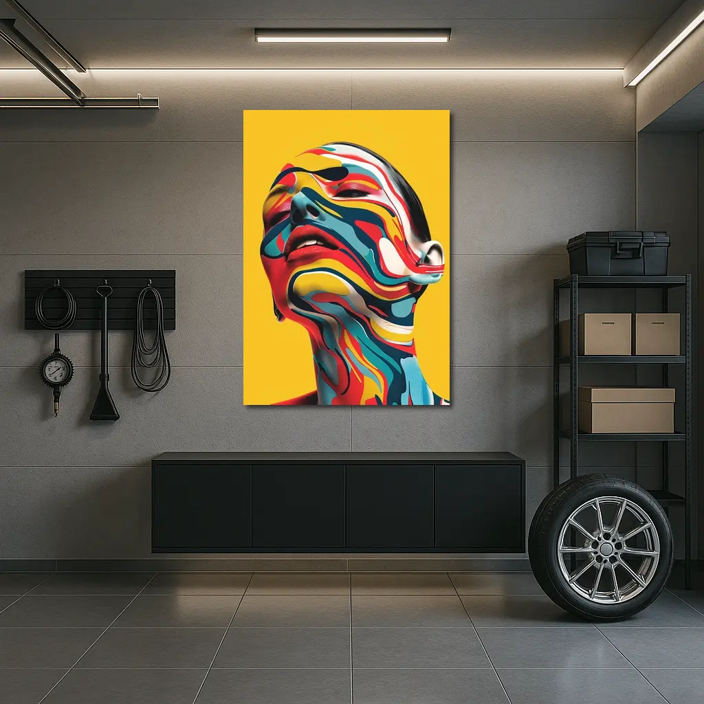 Abstract Woman Face Swirling Colors Yellow Background – Wall Art