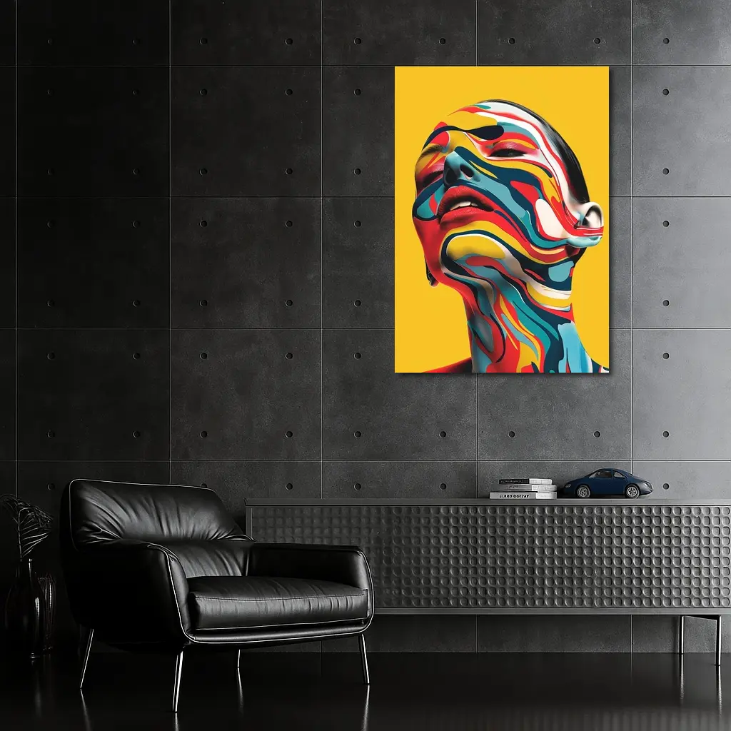 Abstract Woman Face Swirling Colors Yellow Background – Wall Art