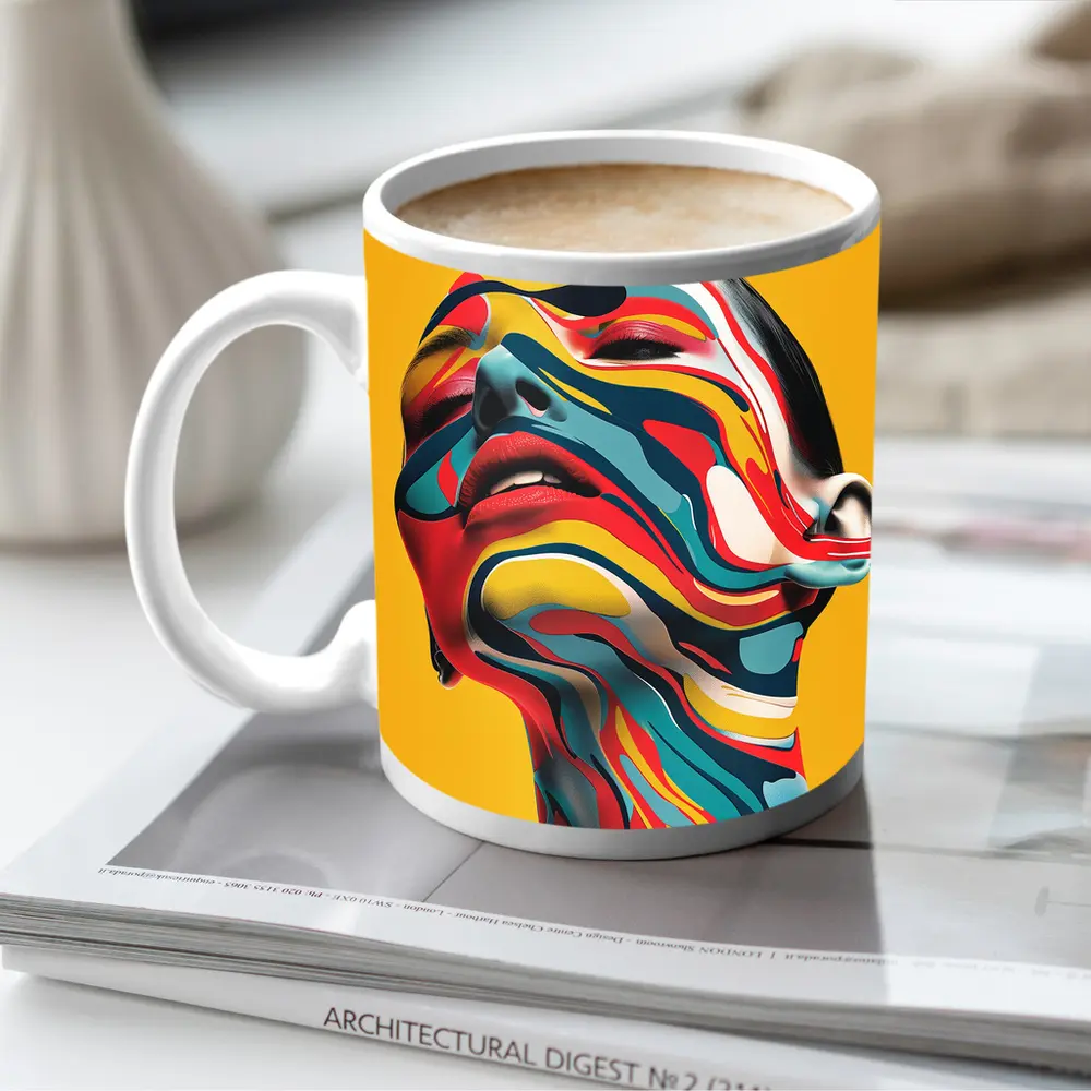 Abstract Woman Face Swirling Colors Yellow Background – Mugs