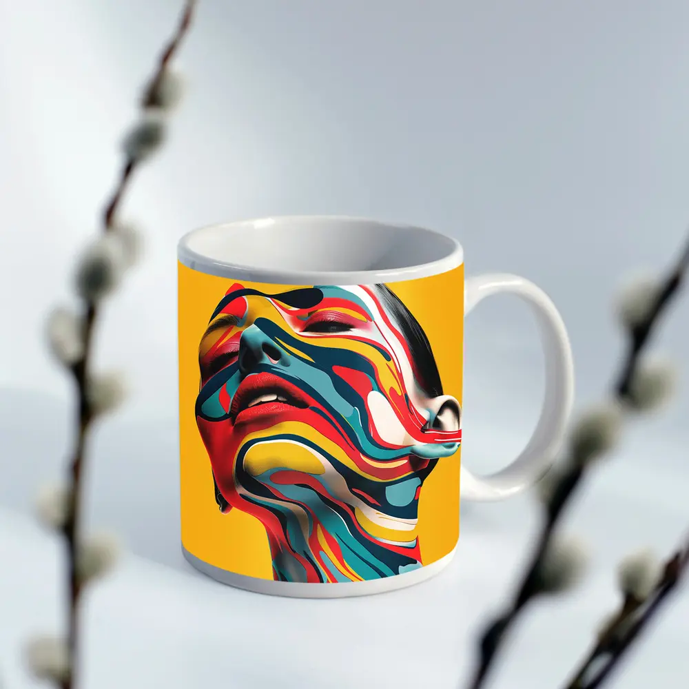 Abstract Woman Face Swirling Colors Yellow Background – Mugs