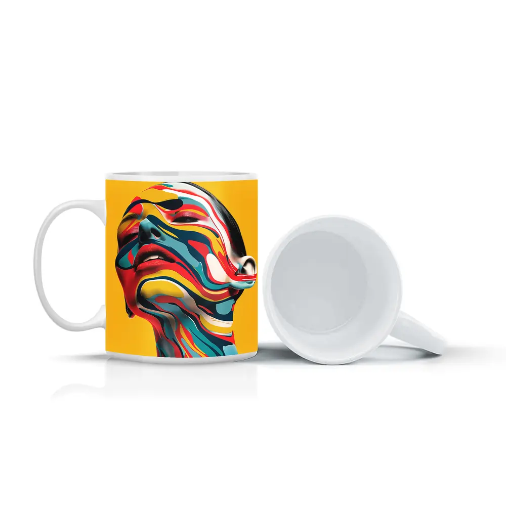 Abstract Woman Face Swirling Colors Yellow Background – Mugs