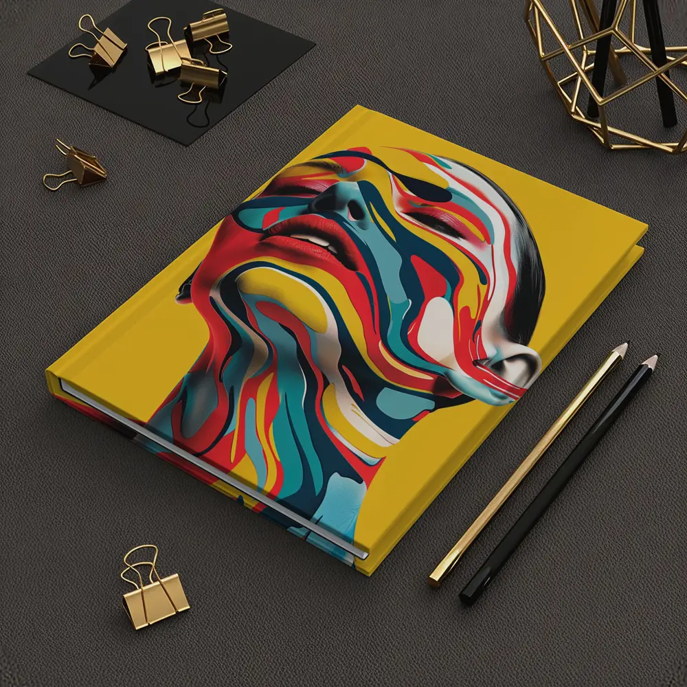 Abstract Woman Face Swirling Colors Yellow Background – Notebooks