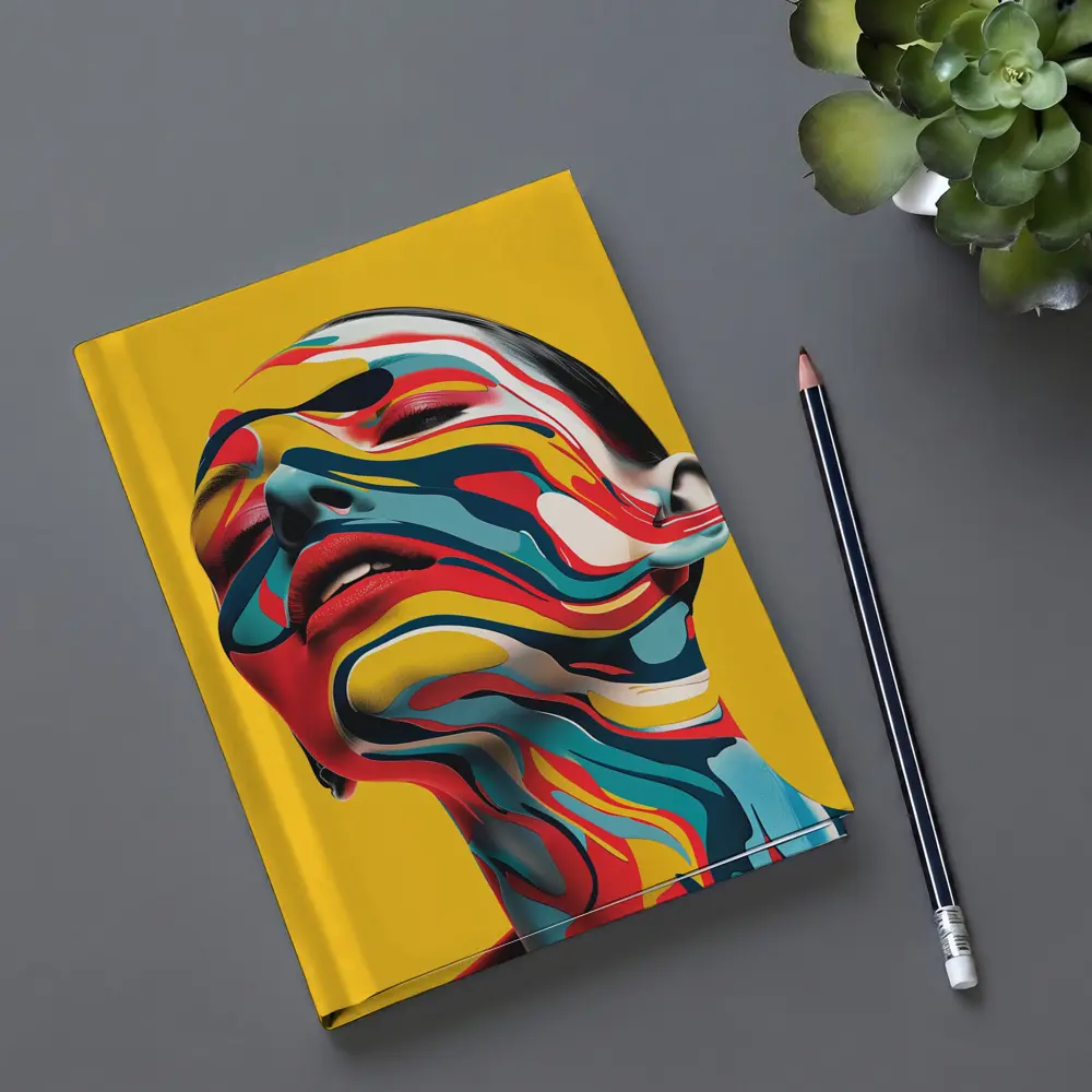 Abstract Woman Face Swirling Colors Yellow Background – Notebooks