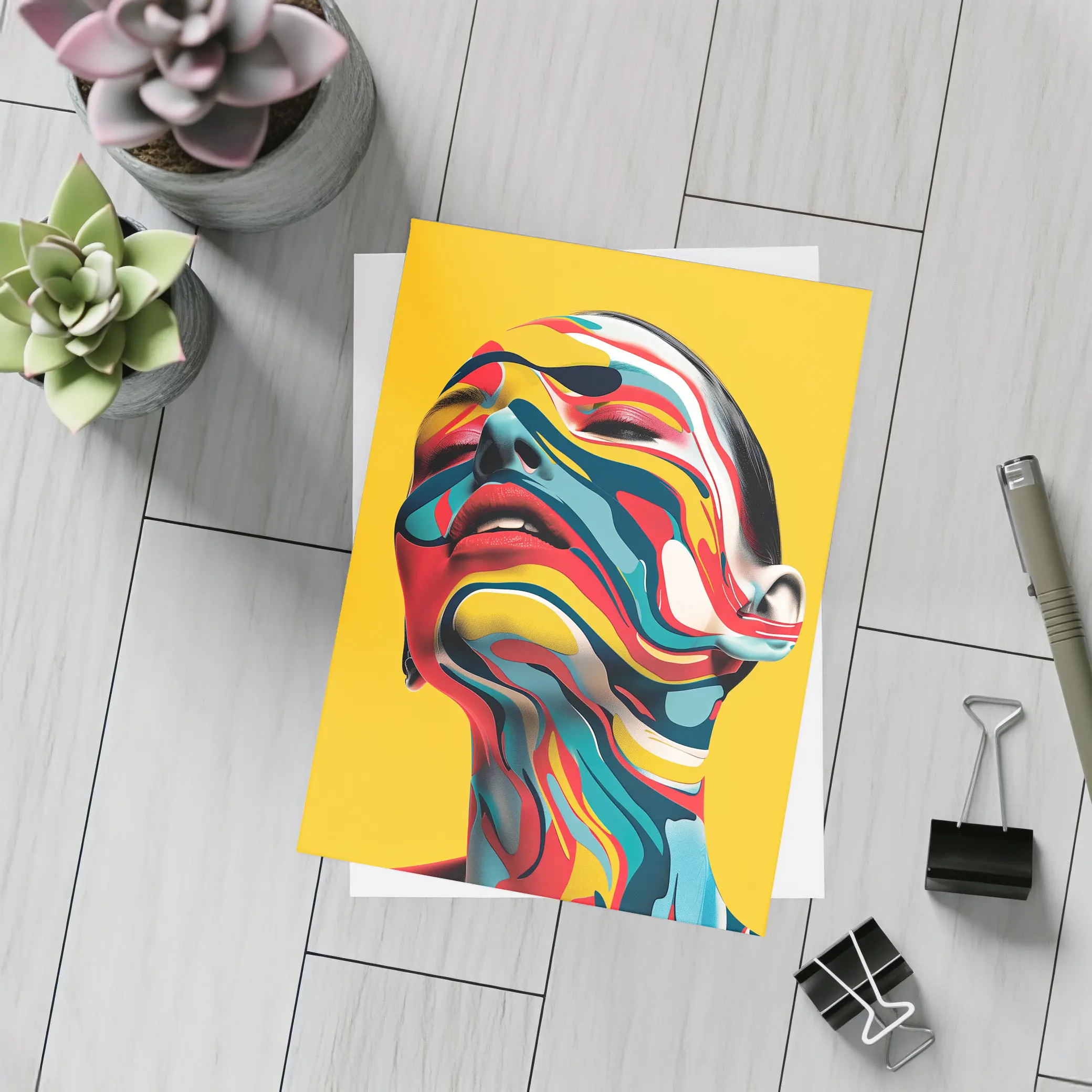 Abstract Woman Face Swirling Colors Yellow Background – Postcards
