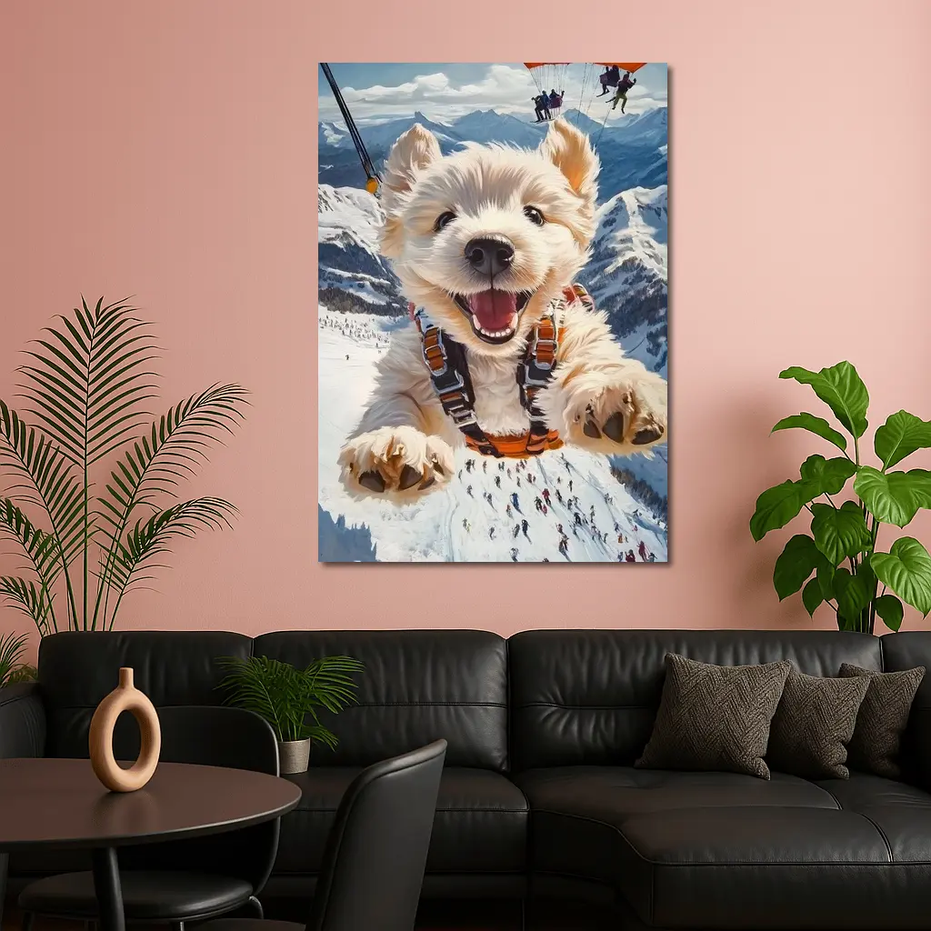 West Highland Terrier Skydiving Snowy Mountain Background – Wall Art