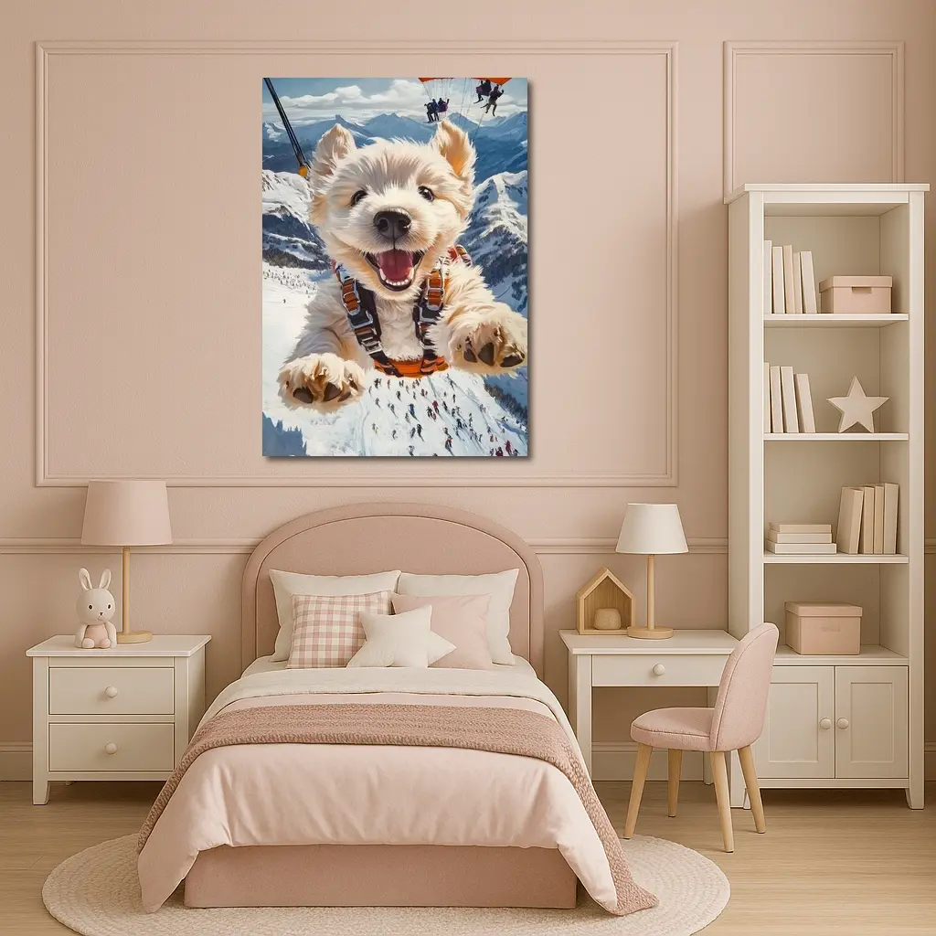 West Highland Terrier Skydiving Snowy Mountain Background – Wall Art