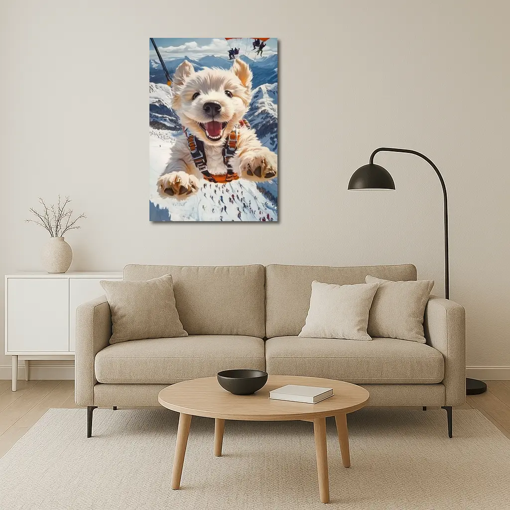 West Highland Terrier Skydiving Snowy Mountain Background – Wall Art