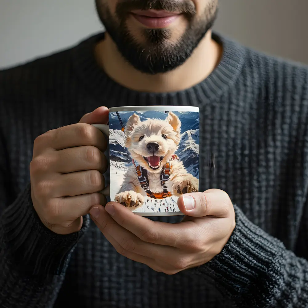 West Highland Terrier Skydiving Snowy Mountain Background – Mugs