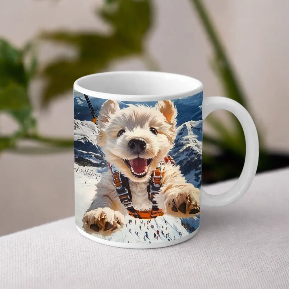 West Highland Terrier Skydiving Snowy Mountain Background – Mugs