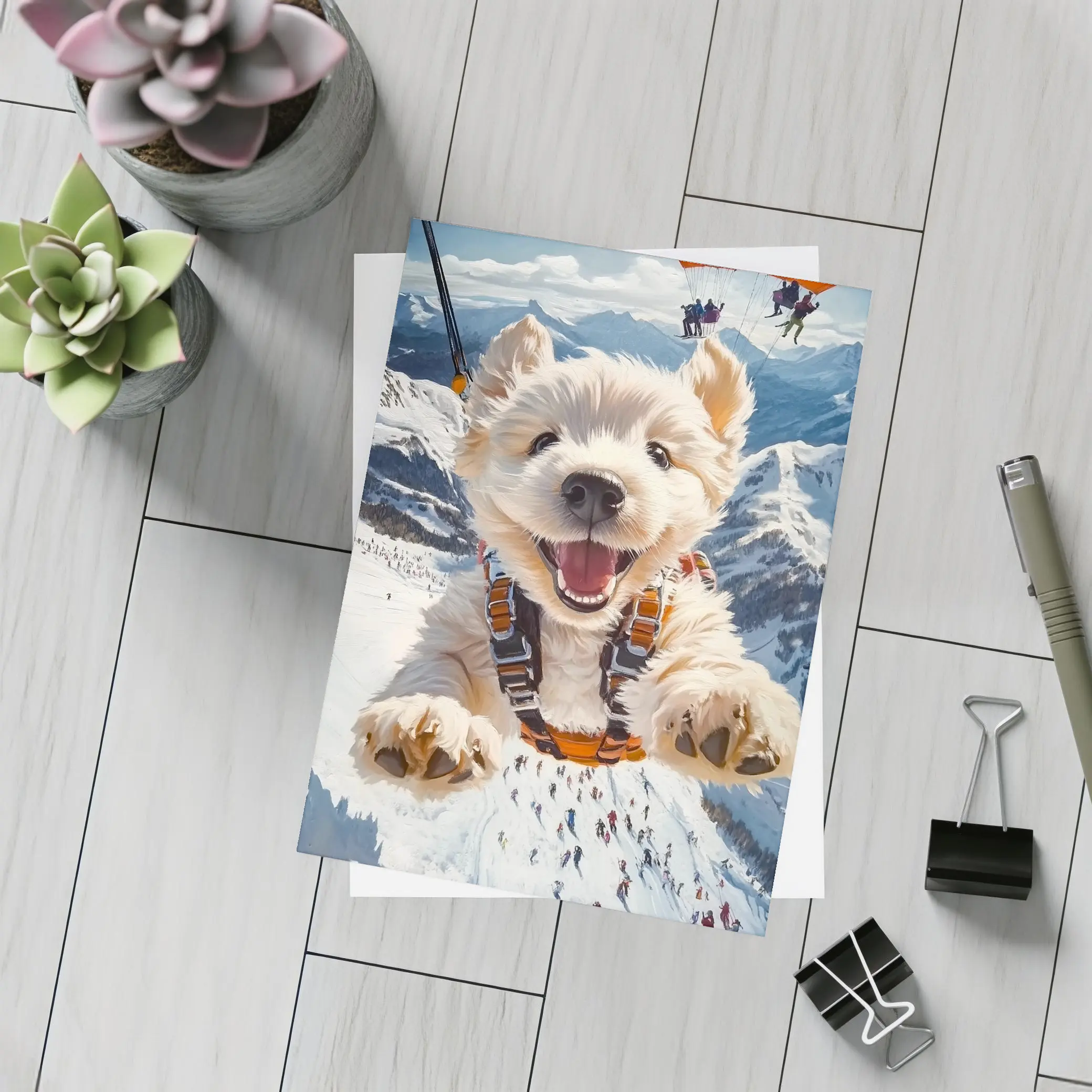 West Highland Terrier Skydiving Snowy Mountain Background – Postcards