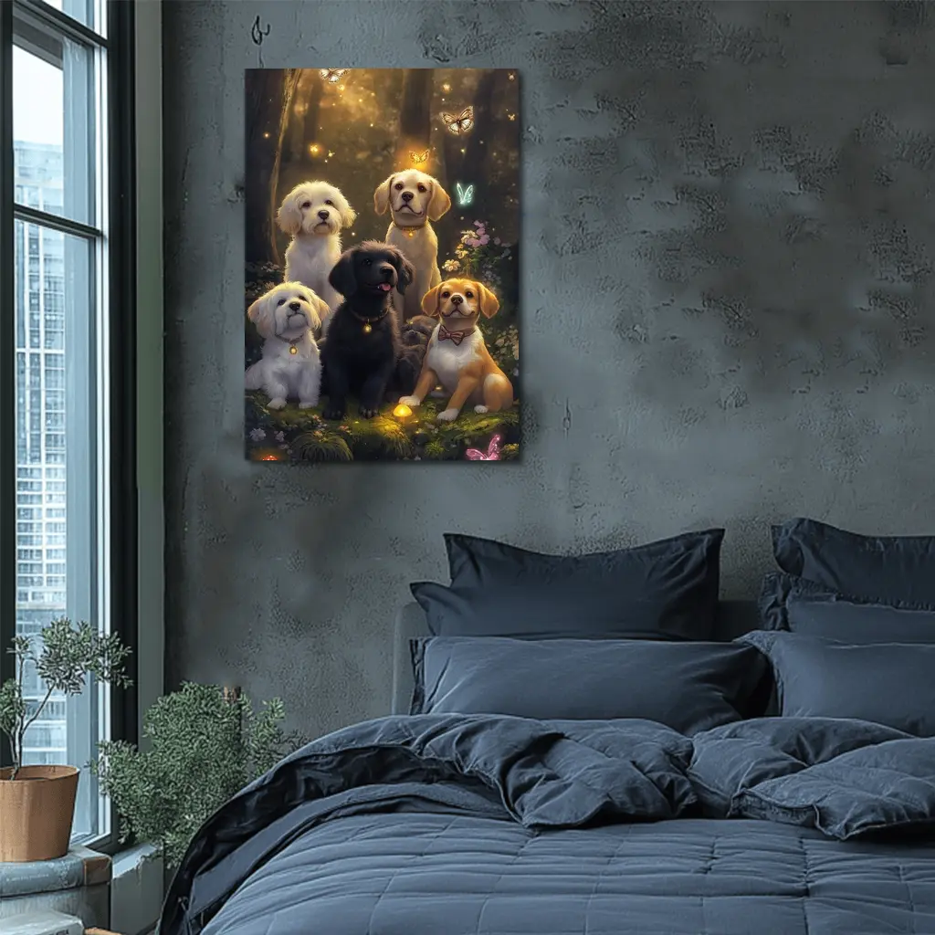 Cute Dogs Gathering in Enchanted Forest – Wall Art