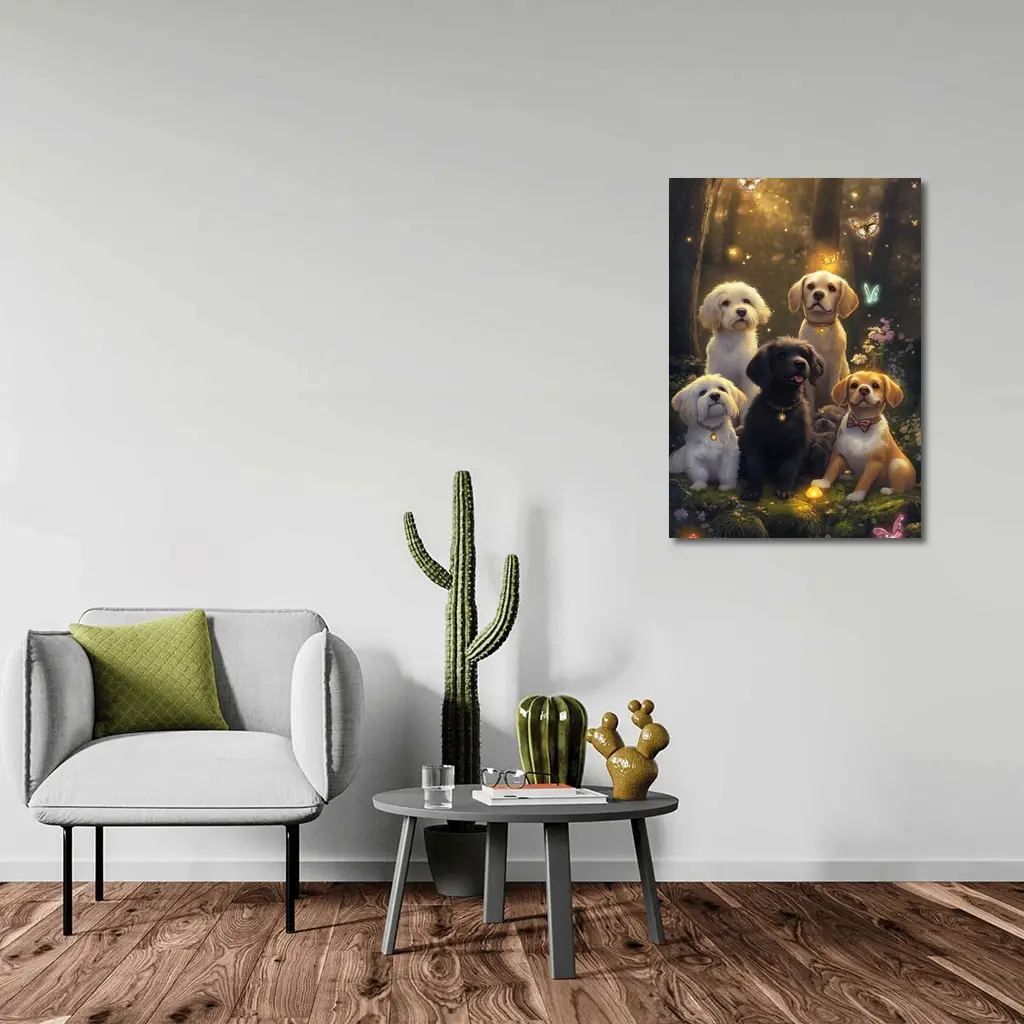 Cute Dogs Gathering in Enchanted Forest – Wall Art