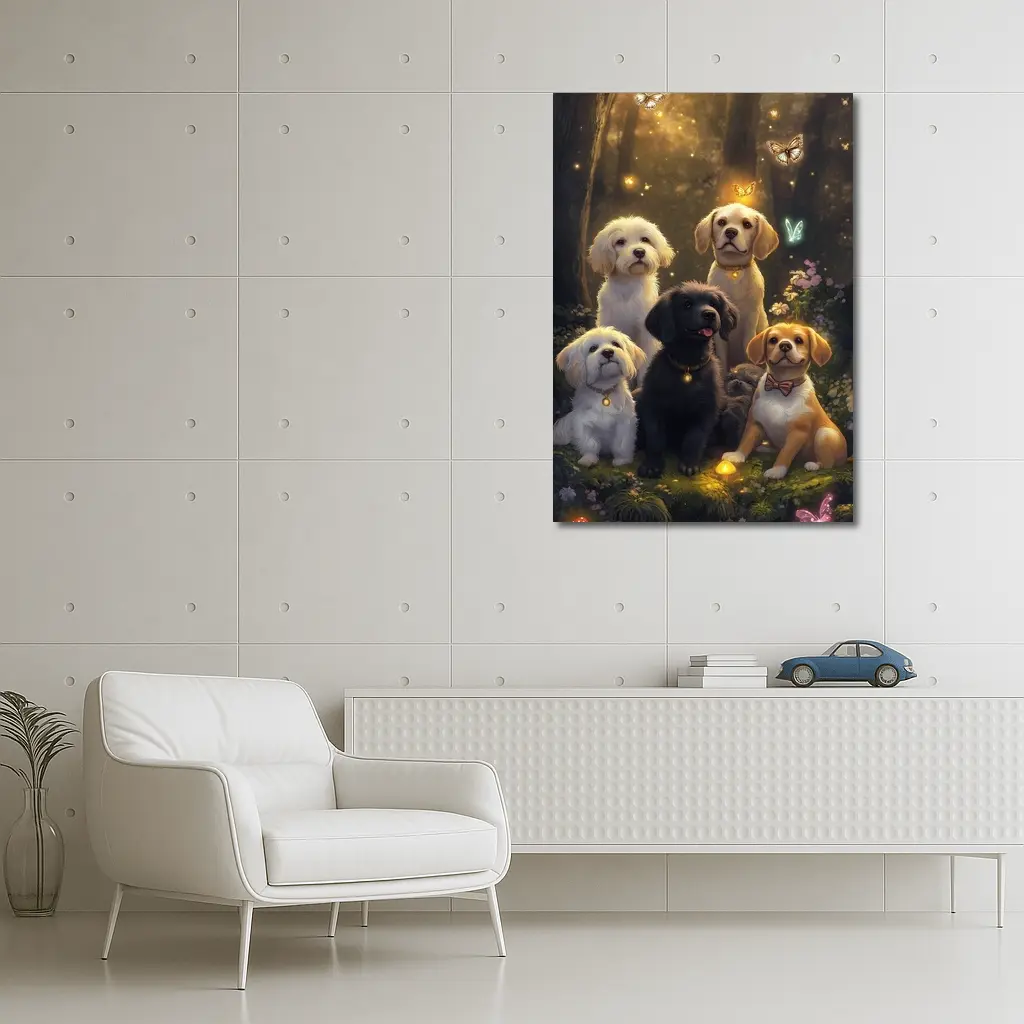 Cute Dogs Gathering in Enchanted Forest – Wall Art