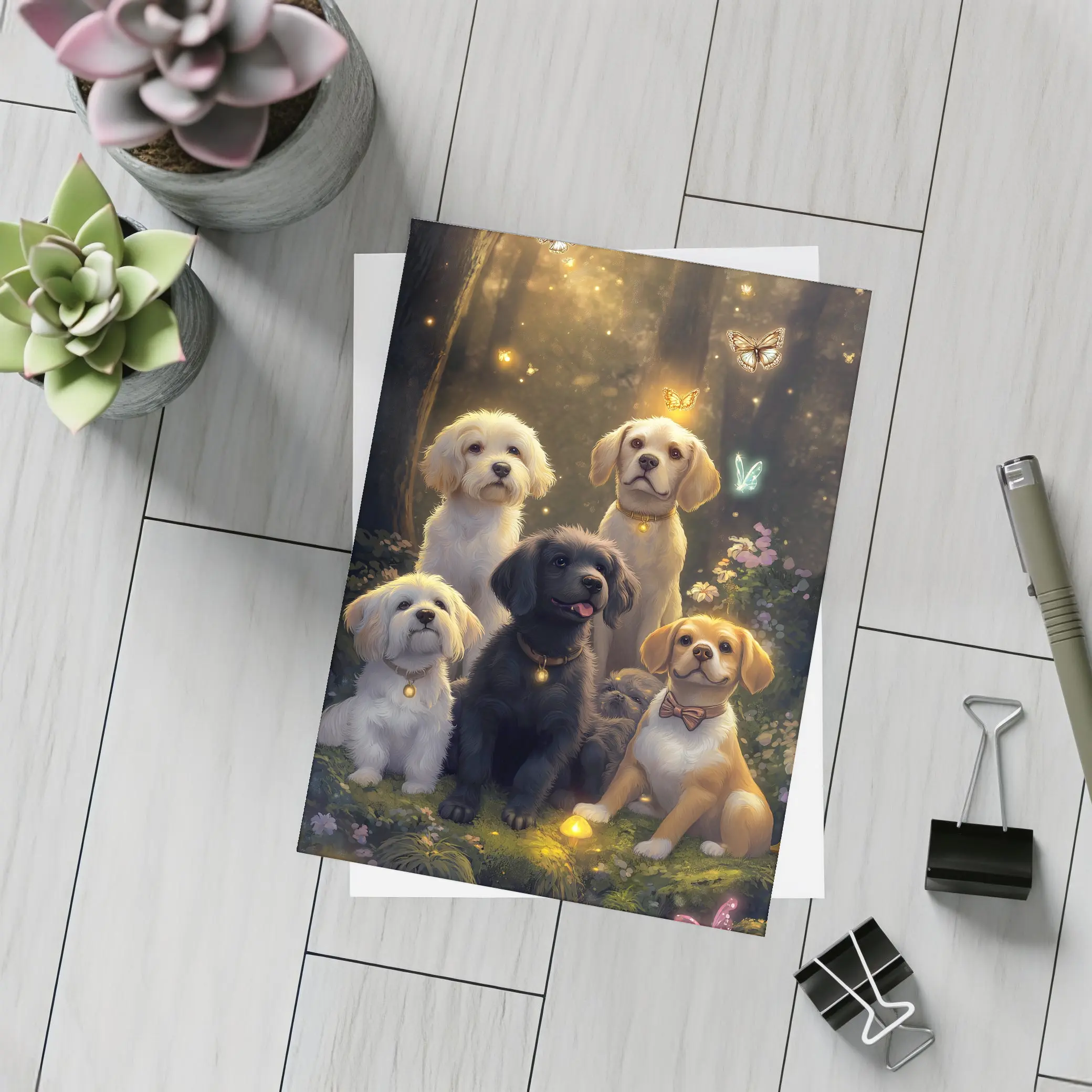 Cute Dogs Gathering in Enchanted Forest – Postcards