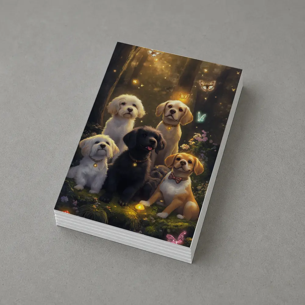 Cute Dogs Gathering in Enchanted Forest – Postcards